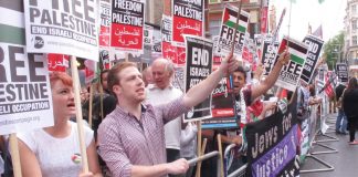 A section of Saturday’s 3,000-strong demonstration outside the Israeli embassy in London