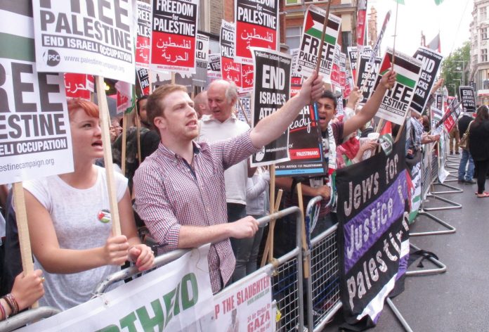 A section of Saturday’s 3,000-strong demonstration outside the Israeli embassy in London