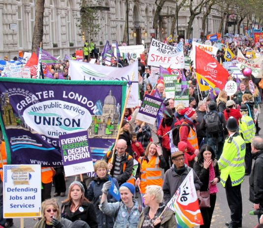Unite and Unison members march to defend their pensions – on Thursday’s strike they will be joined by other public sector unions