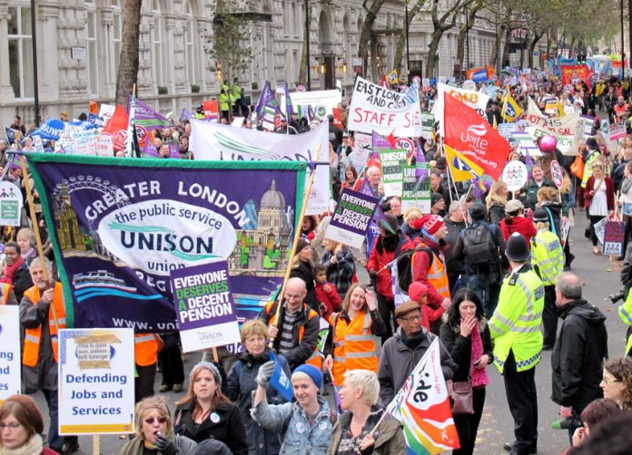 Unite and Unison members march to defend their pensions – on Thursday’s strike they will be joined by other public sector unions