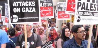 A section of Saturday’s demonstration against Israeli aggression outside the Israeli embassy in London