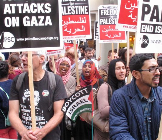 A section of Saturday’s demonstration against Israeli aggression outside the Israeli embassy in London