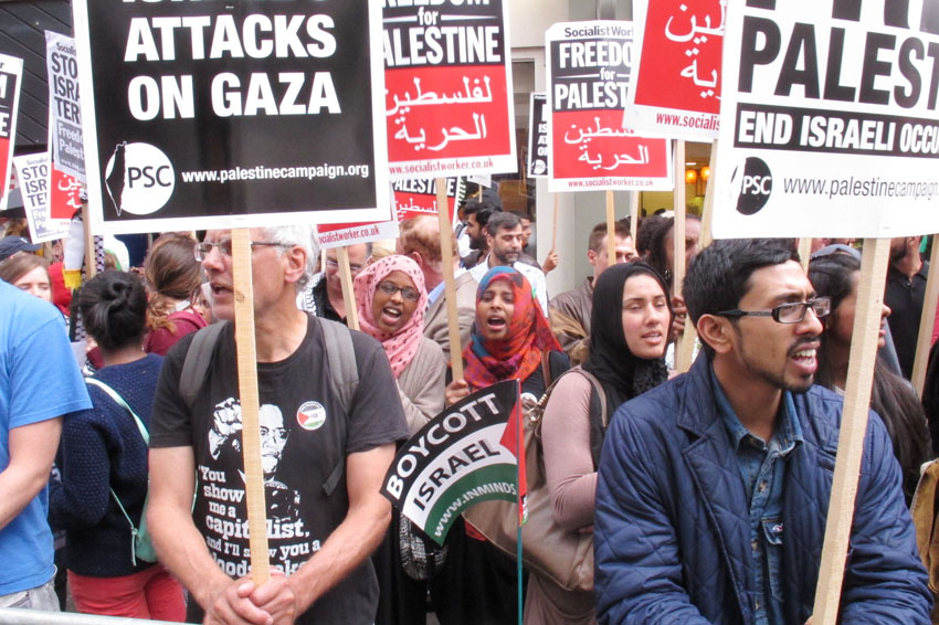 A section of Saturday’s demonstration against Israeli aggression outside the Israeli embassy in London