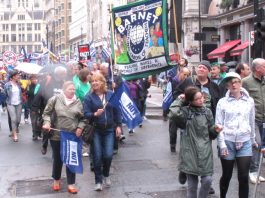 A section of the over 20,000-strong march of strikers in London from Portland Place to Trafalgar Square