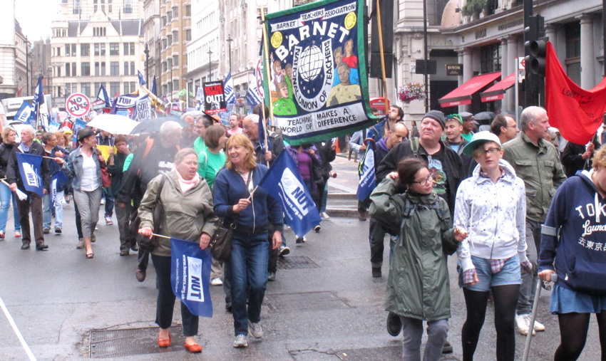 A section of the over 20,000-strong march of strikers in London from Portland Place to Trafalgar Square