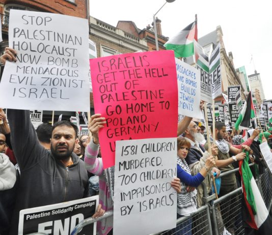 A section of Friday evening’s 10,000-strong demonstration outside the Israeli embassy in London against Israel’s attacks on Palestinians
