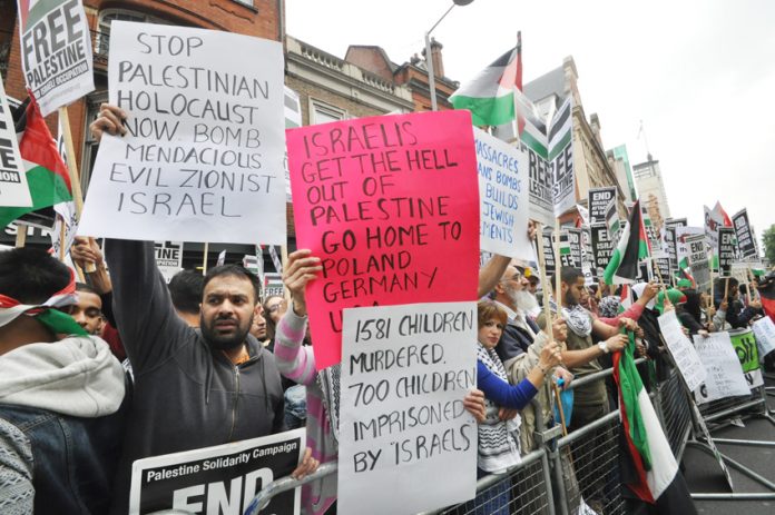 A section of Friday evening’s 10,000-strong demonstration outside the Israeli embassy in London against Israel’s attacks on Palestinians