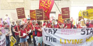 Ritzy and Curzon cinema workers marching to City Hall yesterday afternoon demanding the London Living Wage of £8.50 an hour