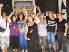 Some of the lively cleaners on the picket line chanting their defiant slogans – fighting  for their jobs back for 10 months now