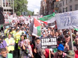 Protesters outside the Israeli embassy in London on Saturday