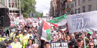 Protesters outside the Israeli embassy in London on Saturday