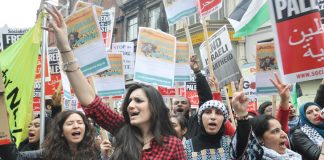 ‘Free, free Palestine’ chant protesters outside the Israeli embassy in london