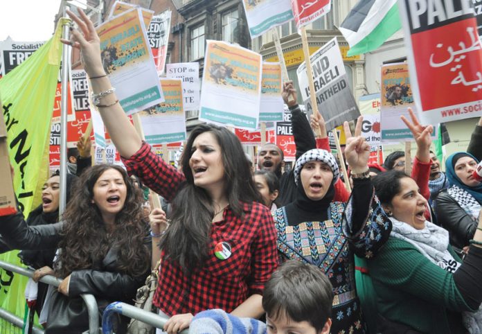 ‘Free, free Palestine’ chant protesters outside the Israeli embassy in london