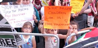 There have been massive demonstrations in Britain in support of the people of Gaza. The picture shows children taking part in  Tuesday’s demonstration outside the Israeli embassy. They were very aware that children just like them are being murdered in Gaz