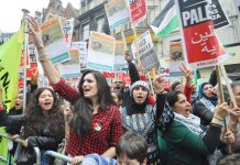 A section of the passionate crowd demanding an end to the Israeli terror state at a recent protest outside its embassy in west London