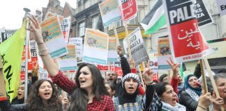 A section of the passionate crowd demanding an end to the Israeli terror state at a recent protest outside its embassy in west London