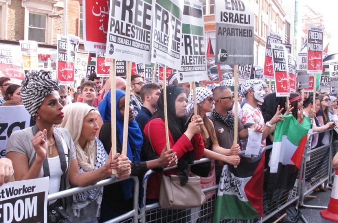 A section of the picket outside the Israeli embassy on Tuesday demanding an end to the siege of Gaza