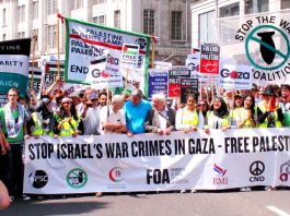 The front of Saturday’s 120,000-strong march sets off from outside the Israeli embassy in London