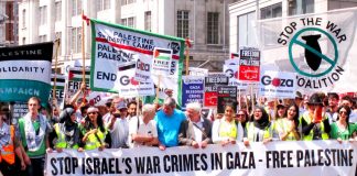 The front of Saturday’s 120,000-strong march sets off from outside the Israeli embassy in London