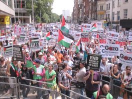 Massive demonstration against Israel’s onslaught on Gaza outside the Israeli embassy in London
