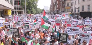 Massive demonstration against Israel’s onslaught on Gaza outside the Israeli embassy in London