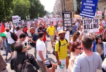 A section of the over 120,000-strong march in London last Saturday against the Israeli onslaught on Gaza