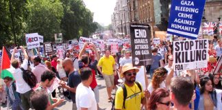 A section of the over 120,000-strong march in London last Saturday against the Israeli onslaught on Gaza