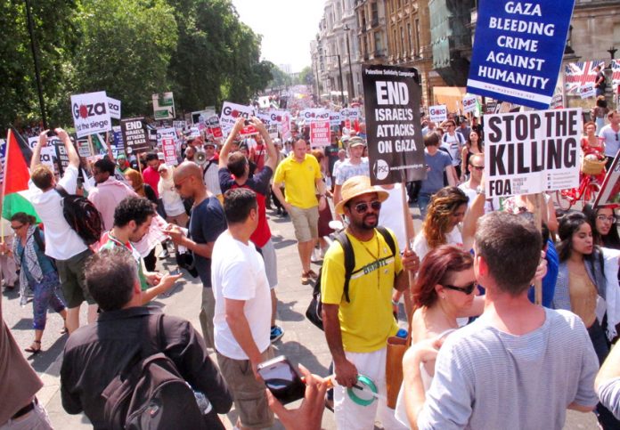 A section of the over 120,000-strong march in London last Saturday against the Israeli onslaught on Gaza