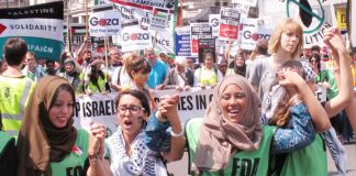 Tens of thousands have marched through London determined to fight for a Palestinian victory