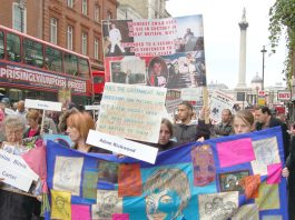 Banner of Adam Rickwood who was only 14 when he committed suicide whilst at the Hassockfield Secure Training Centre in Durham