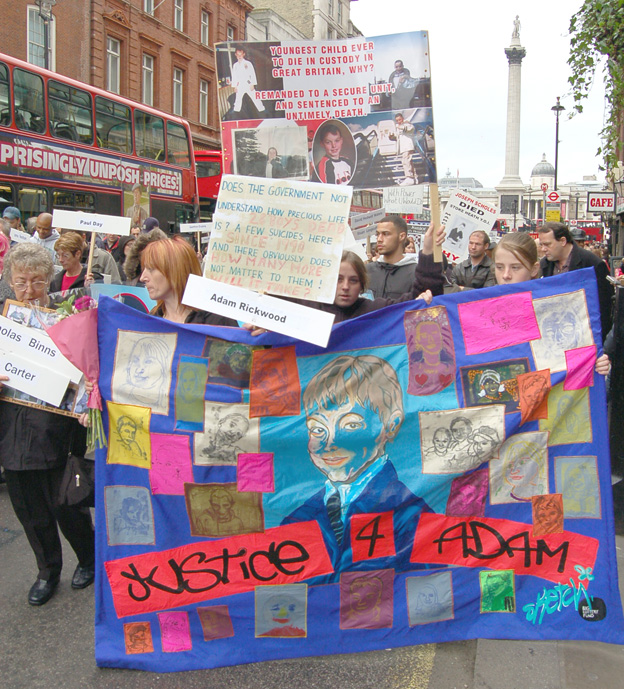 Banner of Adam Rickwood who was only 14 when he committed suicide whilst at the Hassockfield Secure Training Centre in Durham