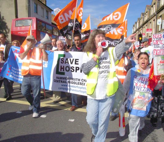 Demonstration in Hammersmith against the closure of four A&Es in west London – meanwhile west London’s Imperial College NHS Trust aims to double its private income