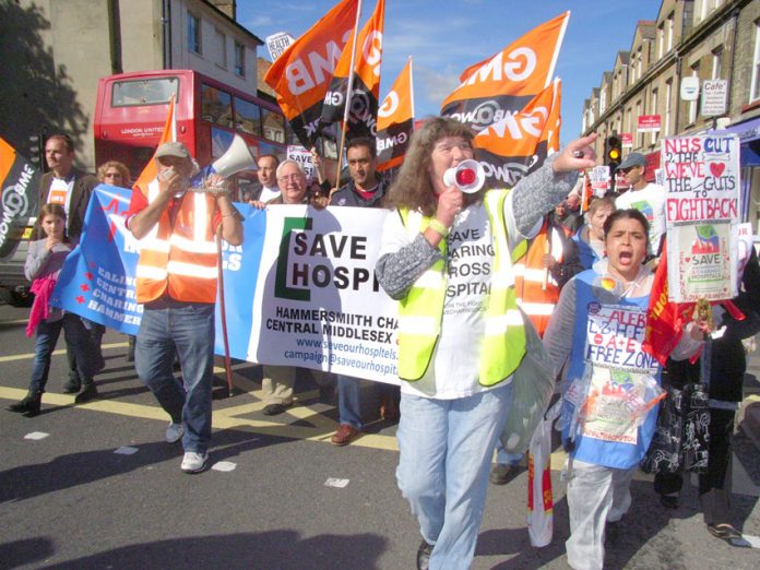 Demonstration in Hammersmith against the closure of four A&Es in west London – meanwhile west London’s Imperial College NHS Trust aims to double its private income