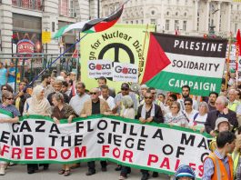 The front of the 25,000-strong march in London in June 2010 against the Israeli boarding of the Mavi Marmara, killing nine protesters
