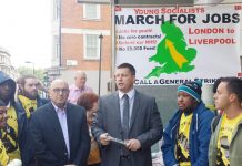 MANUEL HASSASSIAN, Palestinian Ambassador to London and JOE SIMPSON the POA Assistant General Secretary address the marchers and wish them the best before they set off on the road to Liverpool