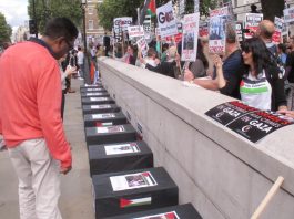 JUSTICE FOR GAZA! –demand Jewish Holocaust survivors Coffins outside Downing Street last Saturday depicting the Palestinian children killed by Israeli forces