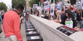 Coffins outside Downing Street last Saturday depicting the Palestinian children killed by Israeli forces