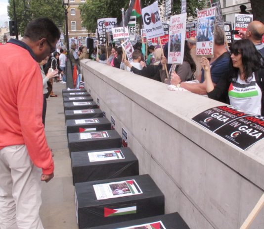 Coffins outside Downing Street last Saturday depicting the Palestinian children killed by Israeli forces