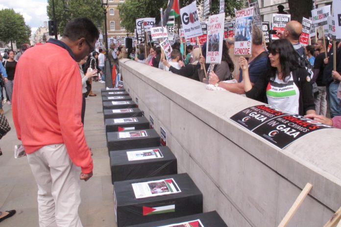 Coffins outside Downing Street last Saturday depicting the Palestinian children killed by Israeli forces