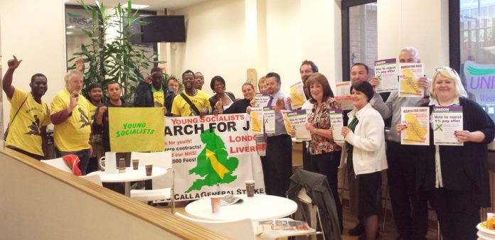 Marchers in the West Midlands Unison office yesterday where they received full support for their March for Jobs to the TUC Congress