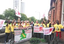 Marchers greeted by bakers and food workers union (BFAWU) who told them of the struggle the union had waged at Hovis where they kept out zero-hours contracts. The marchers were told that jobs for young people were one of the major concerns of the union