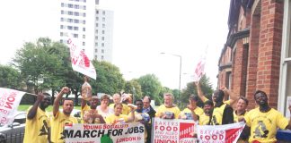 Marchers greeted by bakers and food workers union (BFAWU) who told them of the struggle the union had waged at Hovis where they kept out zero-hours contracts. The marchers were told that jobs for young people were one of the major concerns of the union