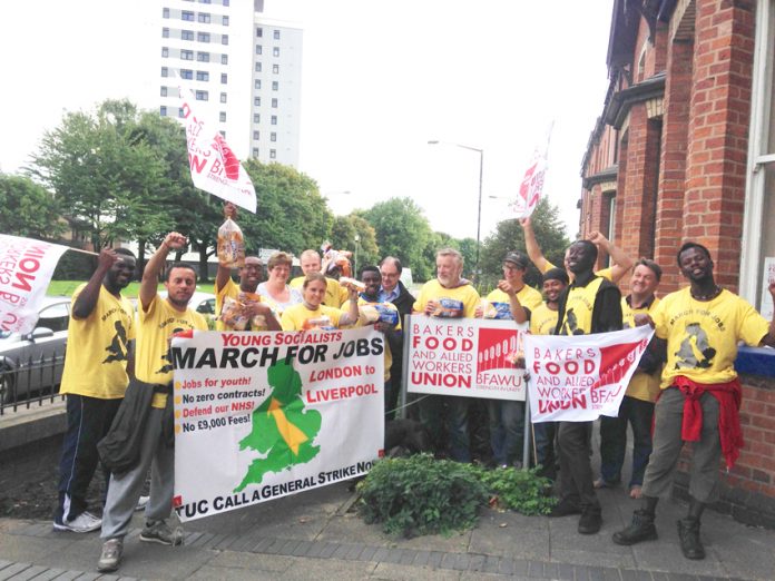 Marchers greeted by bakers and food workers union (BFAWU) who told them of the struggle the union had waged at Hovis where they kept out zero-hours contracts. The marchers were told that jobs for young people were one of the major concerns of the union
