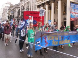 Teachers joined the public sector march through London in July, demanding that Education Secretary Gove be thrown out