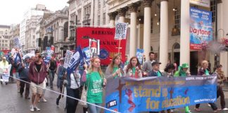 Teachers joined the public sector march through London in July, demanding that Education Secretary Gove be thrown out