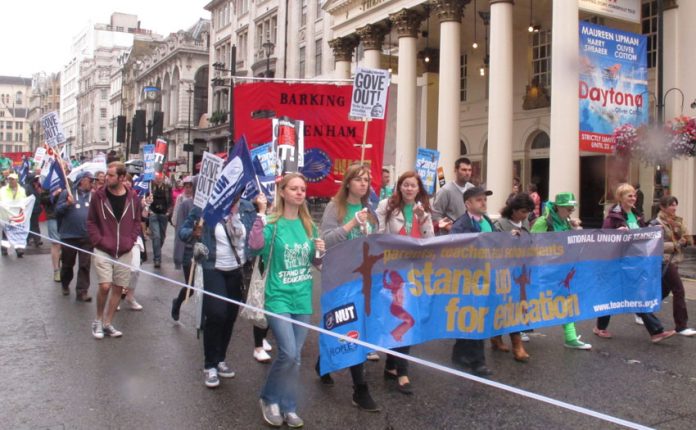 Teachers joined the public sector march through London in July, demanding that Education Secretary Gove be thrown out