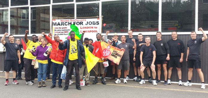 Firefighters at Studley road fire station in Luton, Bedfordshire, welcome the Young Socialists London-to-Liverpool March for Jobs. Jamie Newell, brigade secretary, said their station is also facing cuts