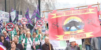 ‘Unity is strength’ – Scottish workers carrying the Dundee Trades Council banner marching alongside workers from England and Wales on the half-a-million-strong TUC demonstration against government cuts in March 2011
