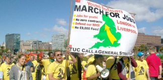 Young Socialists marchers arriving at the TUC Congress in Liverpool demanding No slave labour, no zero-hours contracts and proper jobs for youth