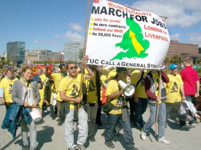 Young Socialists marchers arriving at the TUC Congress in Liverpool demanding No slave labour, no zero-hours contracts and proper jobs for youth